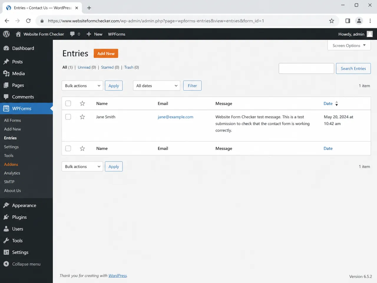WordPress form entries screen showing a saved test submission