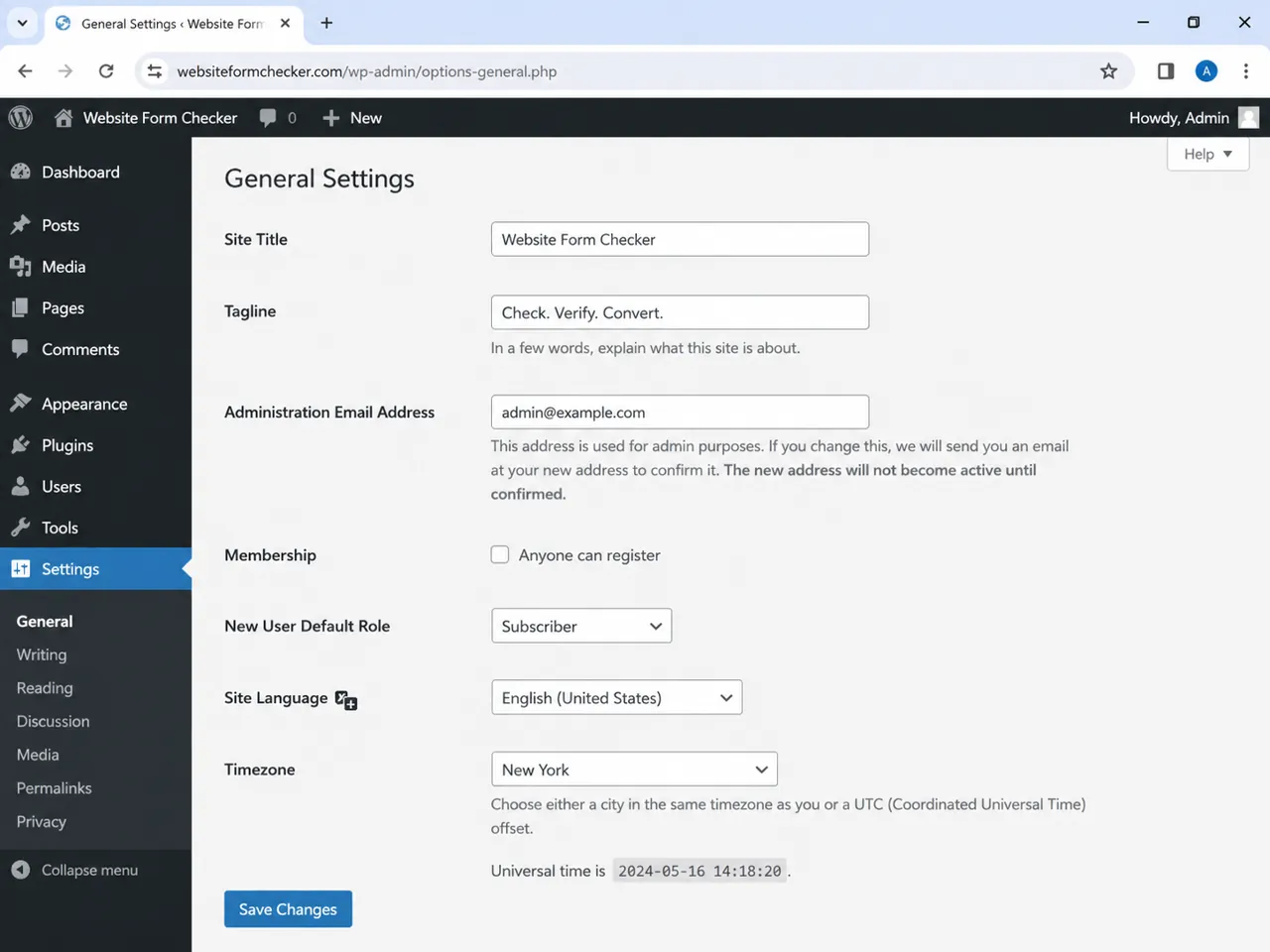 WordPress General Settings screen showing the Administration Email Address field