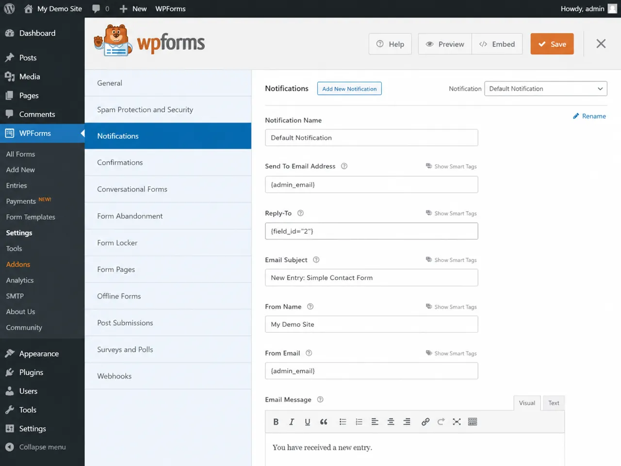 WPForms Email Message notification body