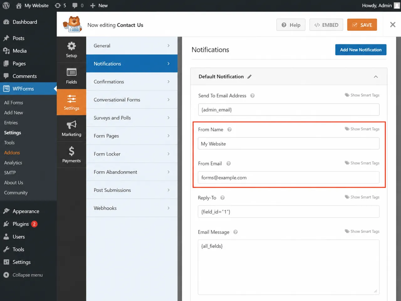 WPForms From Email and Reply-To notification settings