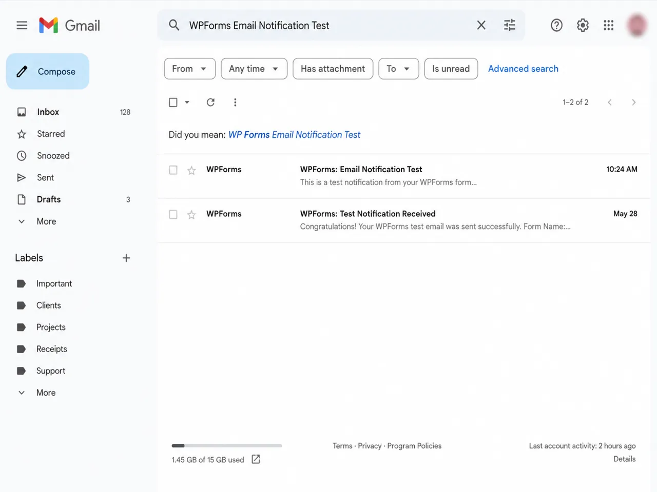 Searching an inbox for a WPForms test email