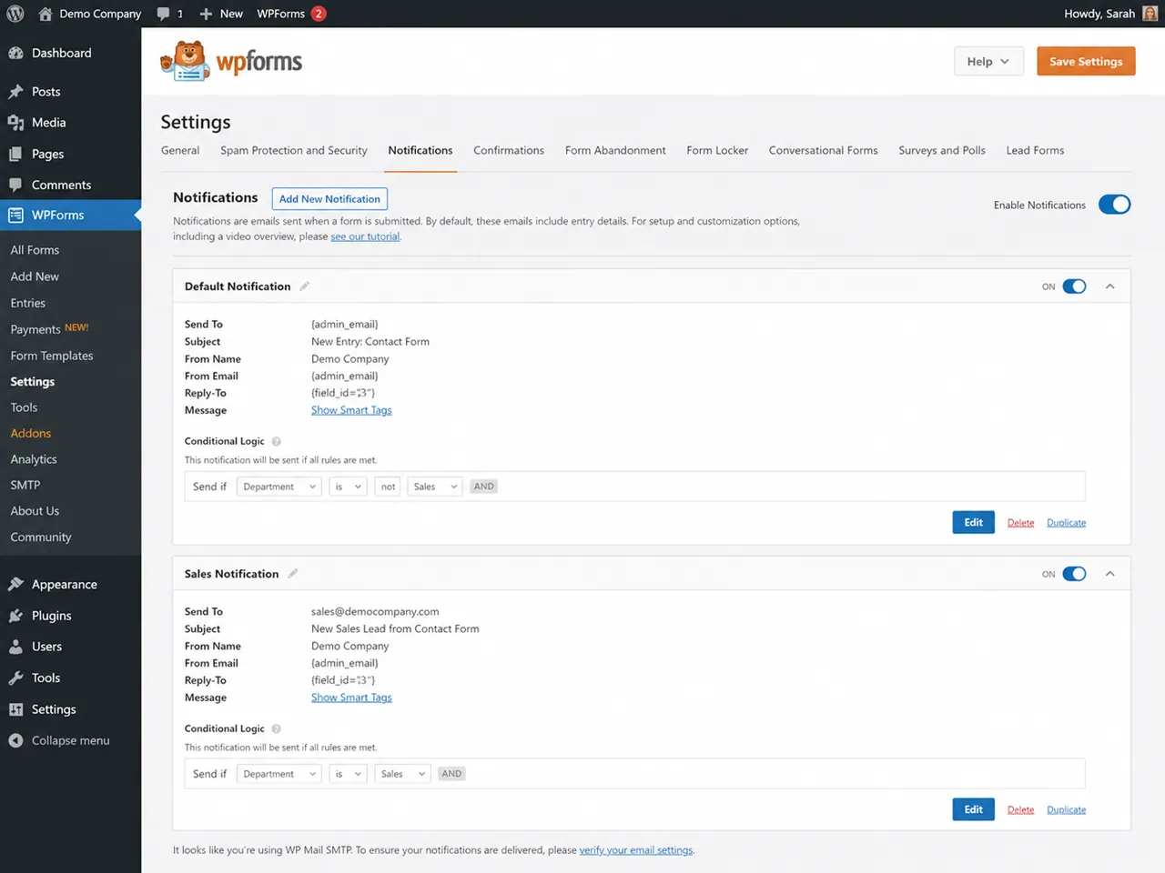 WPForms notification rules and active notification status