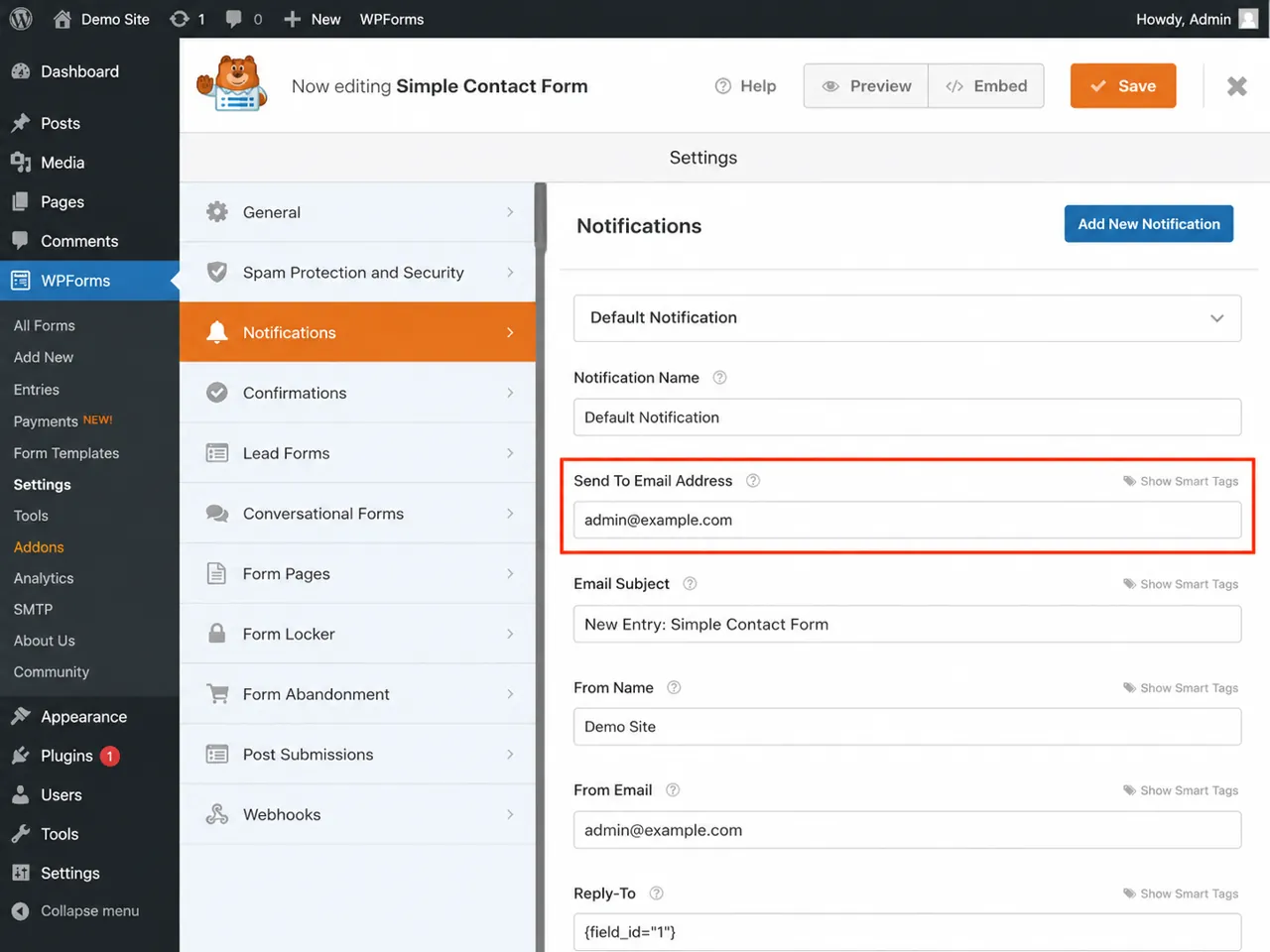 WPForms Send To Email Address setting