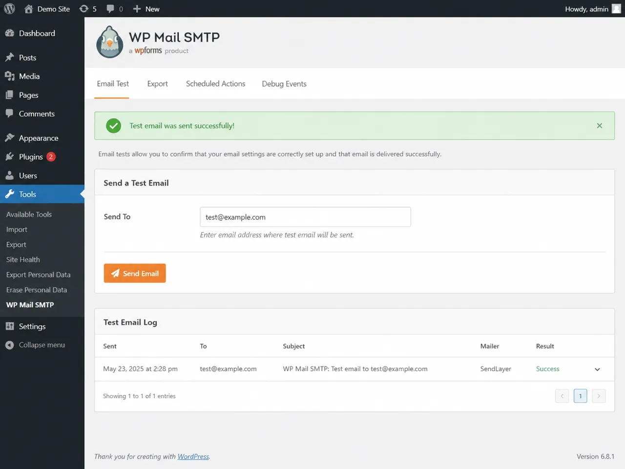 WP Mail SMTP test email sent successfully