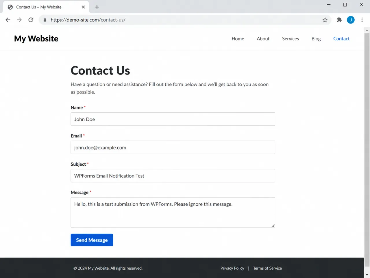 WPForms contact form filled with a test submission